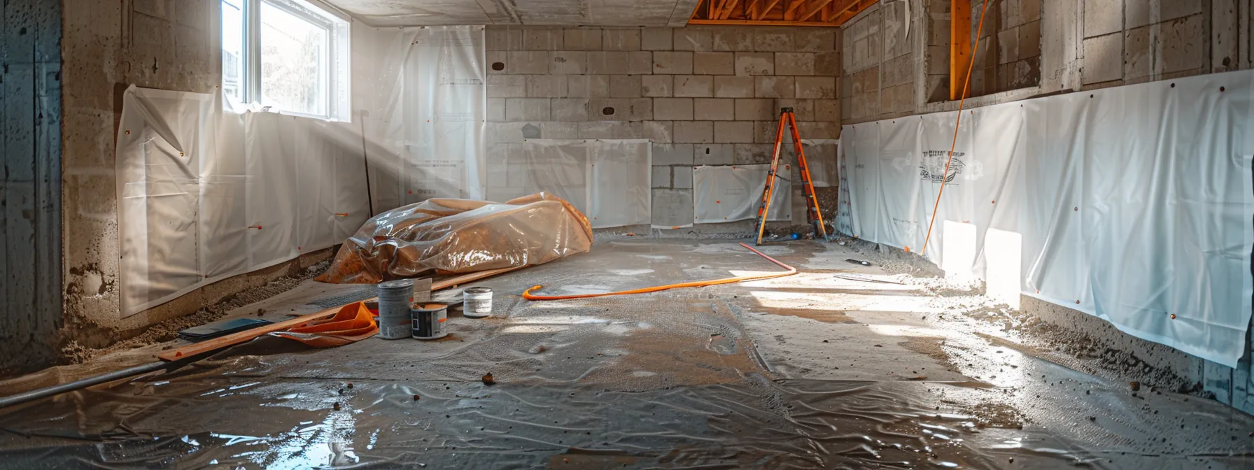 a bright, clean basement showcases the waterproofing process, featuring exposed concrete walls as a contractor diligently applies a waterproofing membrane while another installs a french drain, all under well-illuminated conditions that highlight the professional effort and affordable solutions.