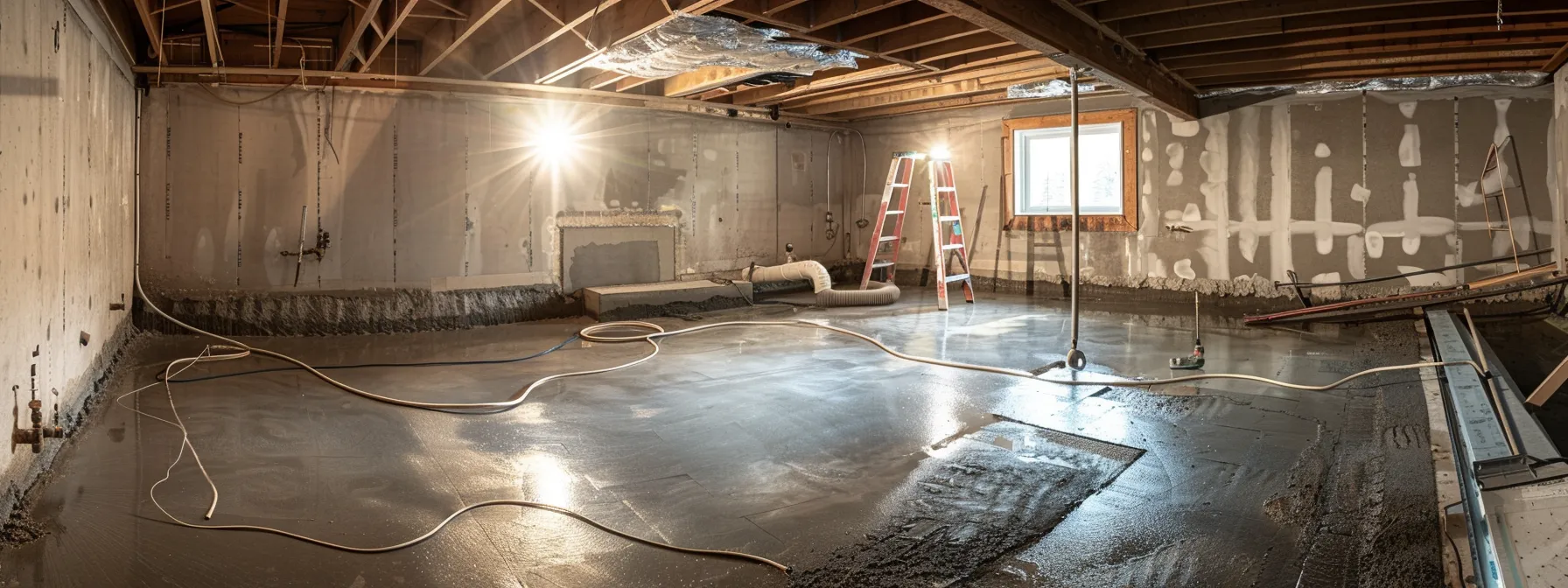 a professional contractor applies waterproofing membranes and seals foundation cracks in a well-lit, clean basement with exposed concrete, showcasing a meticulous waterproofing process alongside a newly installed french drain and a ready-to-use sump pump.
