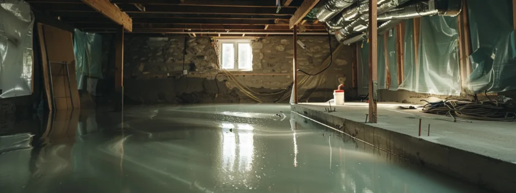 a well-lit residential basement showcases a professional waterproofing process, featuring exposed concrete walls while contractors install waterproofing membranes and a french drain, highlighting the significance of protecting against syracuse's unpredictable weather.
