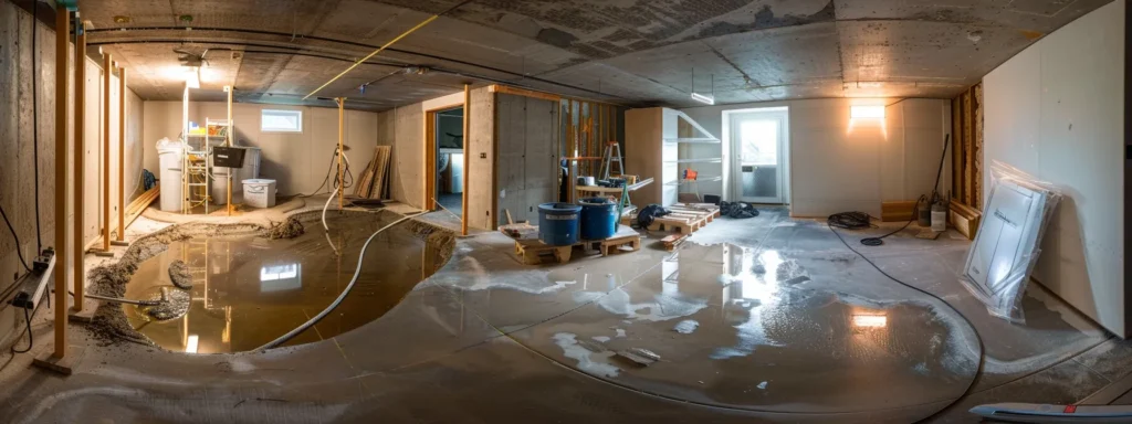 a well-lit residential basement showcases a meticulous waterproofing process, featuring exposed concrete walls with waterproofing membranes being applied, a contractor sealing cracks with hydraulic cement, and a french drain being installed, all within a clean and professional workspace.