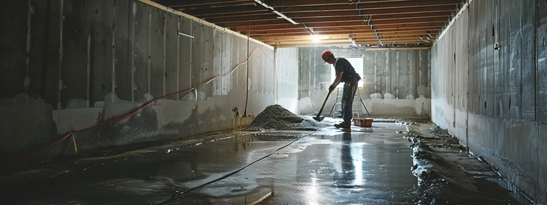 a well-lit residential basement shows a professional contractor sealing cracks with hydraulic cement while another installs a french drain along the perimeter, highlighting a clean and efficient waterproofing process amid exposed concrete walls.
