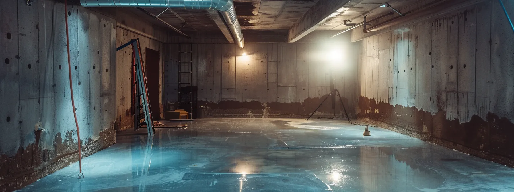 a well-lit residential basement showcases a professional waterproofing process, featuring exposed concrete walls as a contractor applies waterproofing membranes and seals cracks with hydraulic cement, while a sump pump awaits installation in the corner.