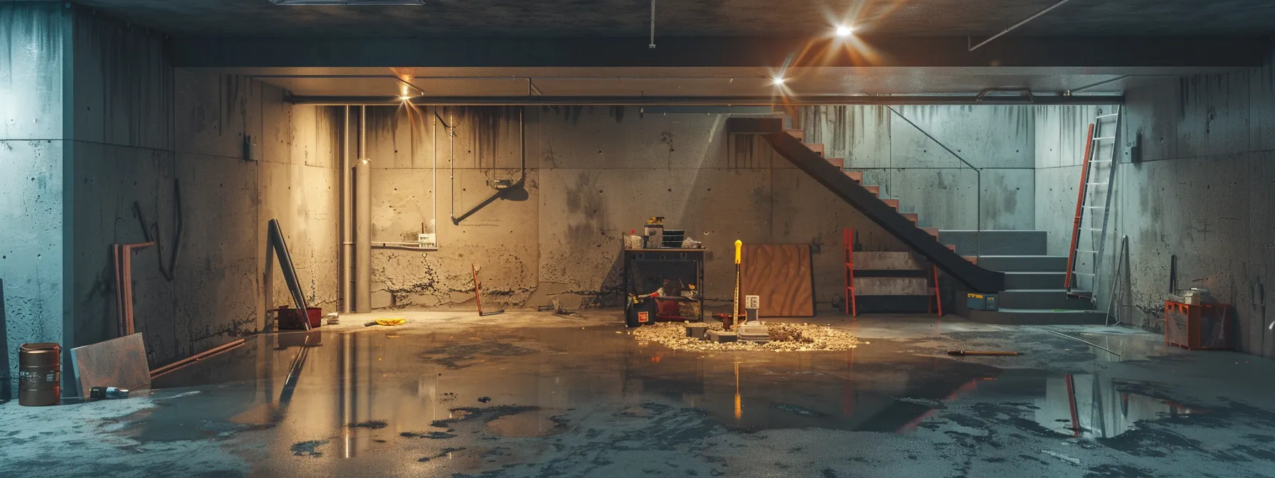 a well-lit residential basement showcases a professional waterproofing process, featuring exposed concrete walls as contractors expertly apply waterproofing membranes, seal cracks with hydraulic cement, and install a french drain, all within a clean and organized workspace.