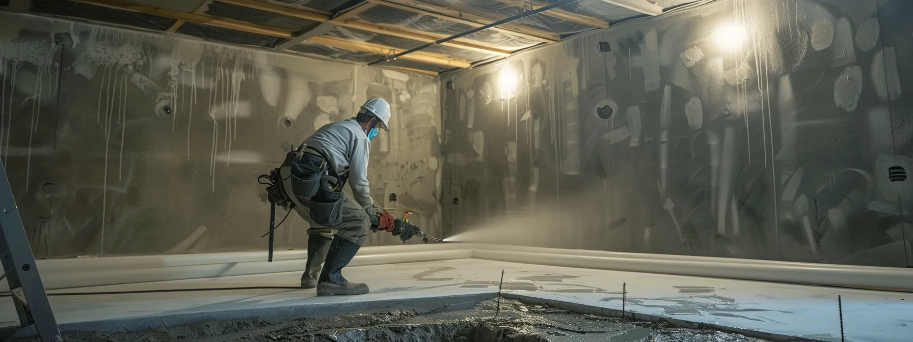 in a well-lit residential basement, a contractor in safety gear meticulously applies waterproofing membranes to exposed concrete walls while another installs a french drain, showcasing the critical process of water management to ensure long-term maintenance and savings.