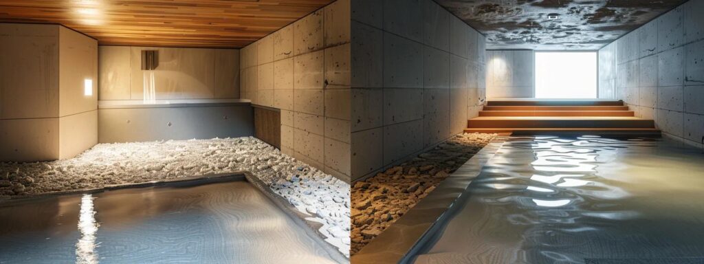 a detailed split view of a meticulously designed basement showcasing sleek interior waterproofing features on one side, while the contrasting rugged exterior foundation with advanced drainage systems is highlighted on the other, illuminated by focused industrial lighting to emphasize the functional differences.