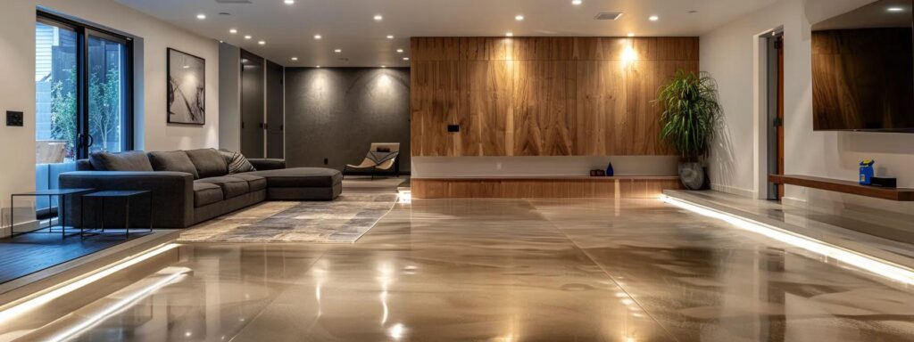 a sleek, modern basement transformed by professional waterproofing services, showcasing seamless walls, polished concrete floors, and an innovative water drainage system in a clean, well-lit environment that emphasizes the effectiveness of the solution.
