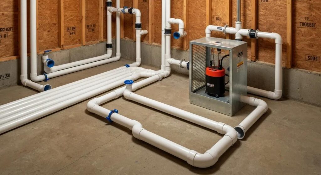 Advanced basement drainage system in a Syracuse home, featuring expertly installed pipes and a powerful sump pump for ultimate water control