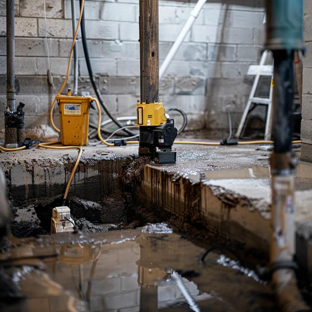 Sump pump installation in a basement with visible sump pit and drainage system components