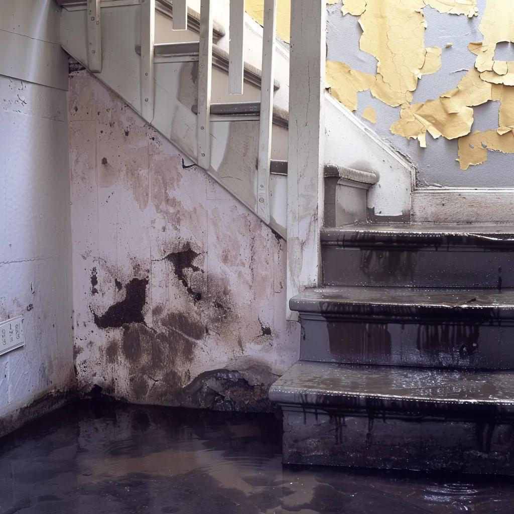 Visible signs of a wet basement including mold growth, water stains, and a dehumidifier in a Syracuse home