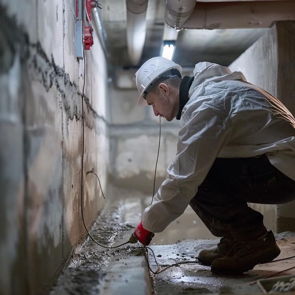 Professional basement waterproofing service technician inspecting foundation walls for water intrusion in Syracuse