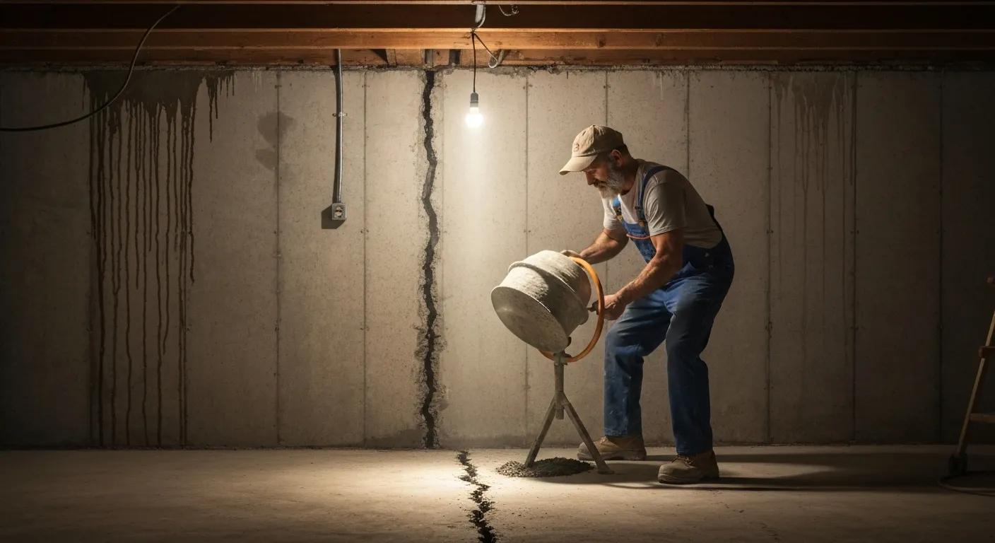 A contractor meticulously repairing a foundation crack within a basement environment