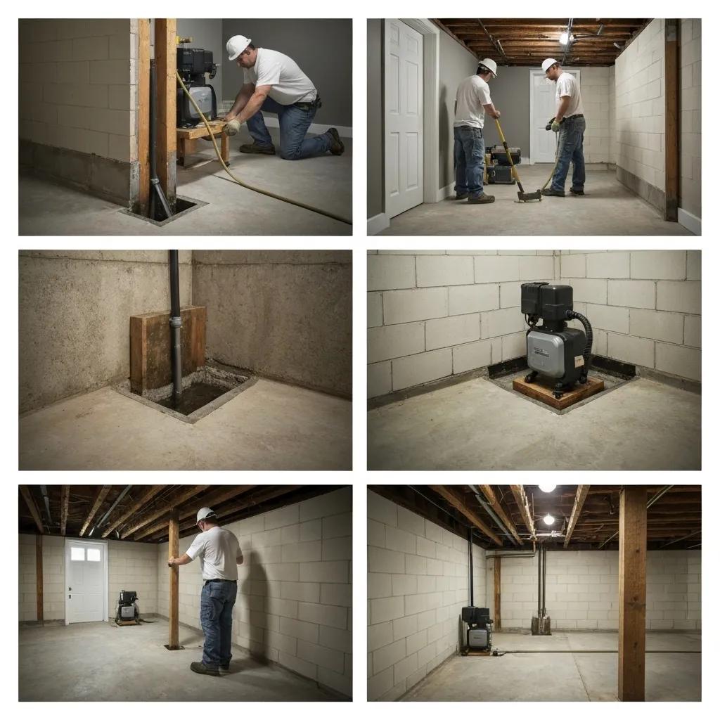 Skilled contractors expertly applying waterproofing techniques within a basement setting