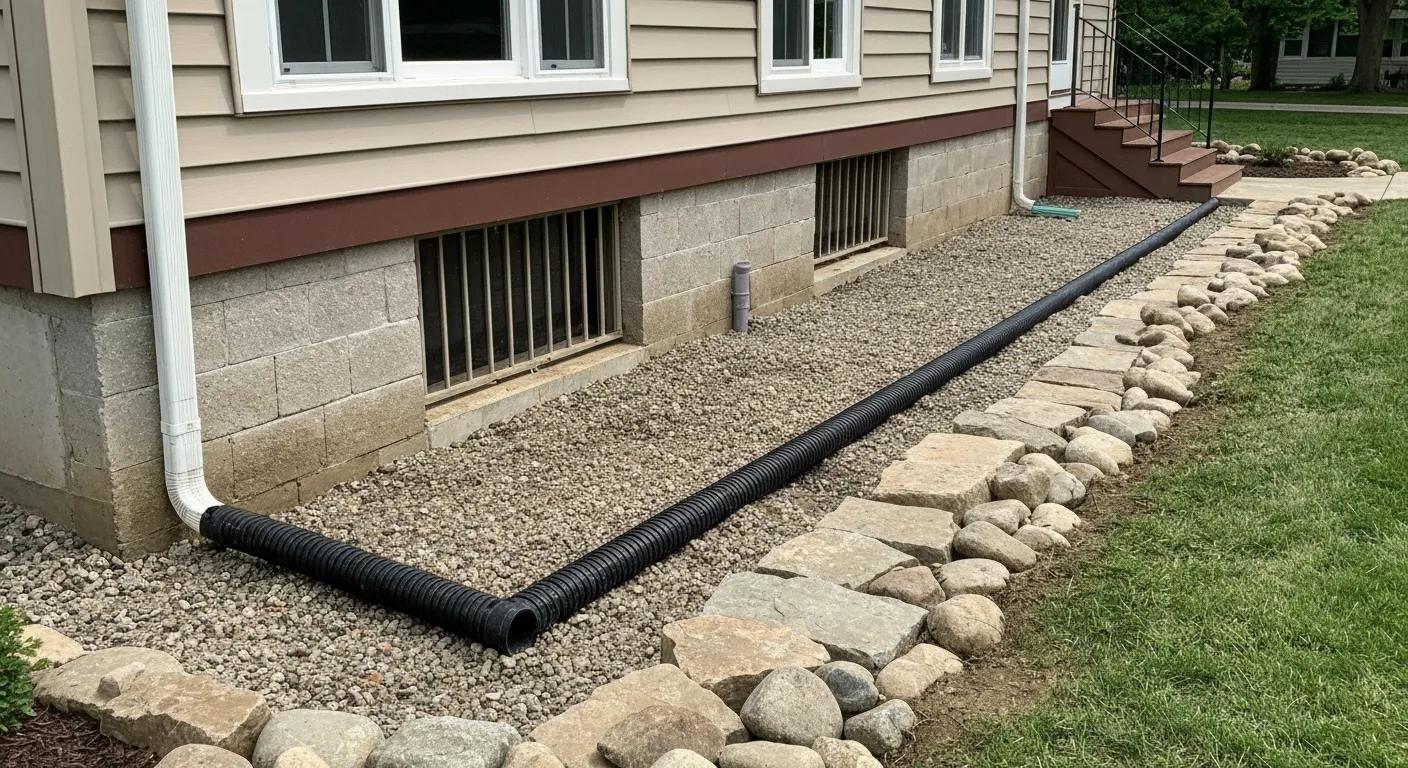Exterior foundation drainage system with French drain protecting a Syracuse home