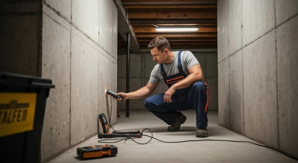 A professional contractor carefully examining a damp basement for effective waterproofing solutions