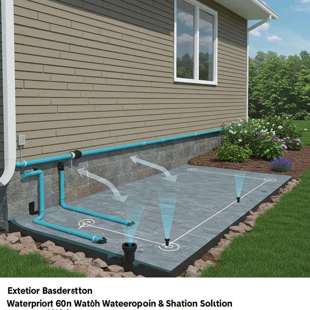 Exterior foundation waterproofing with membrane and drainage trench