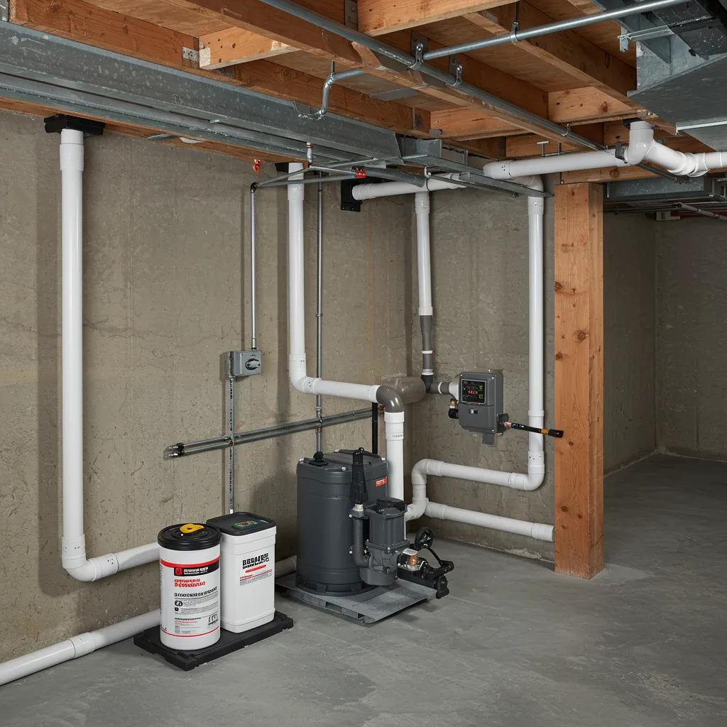 Modern basement waterproofing setup with sealants and drainage systems