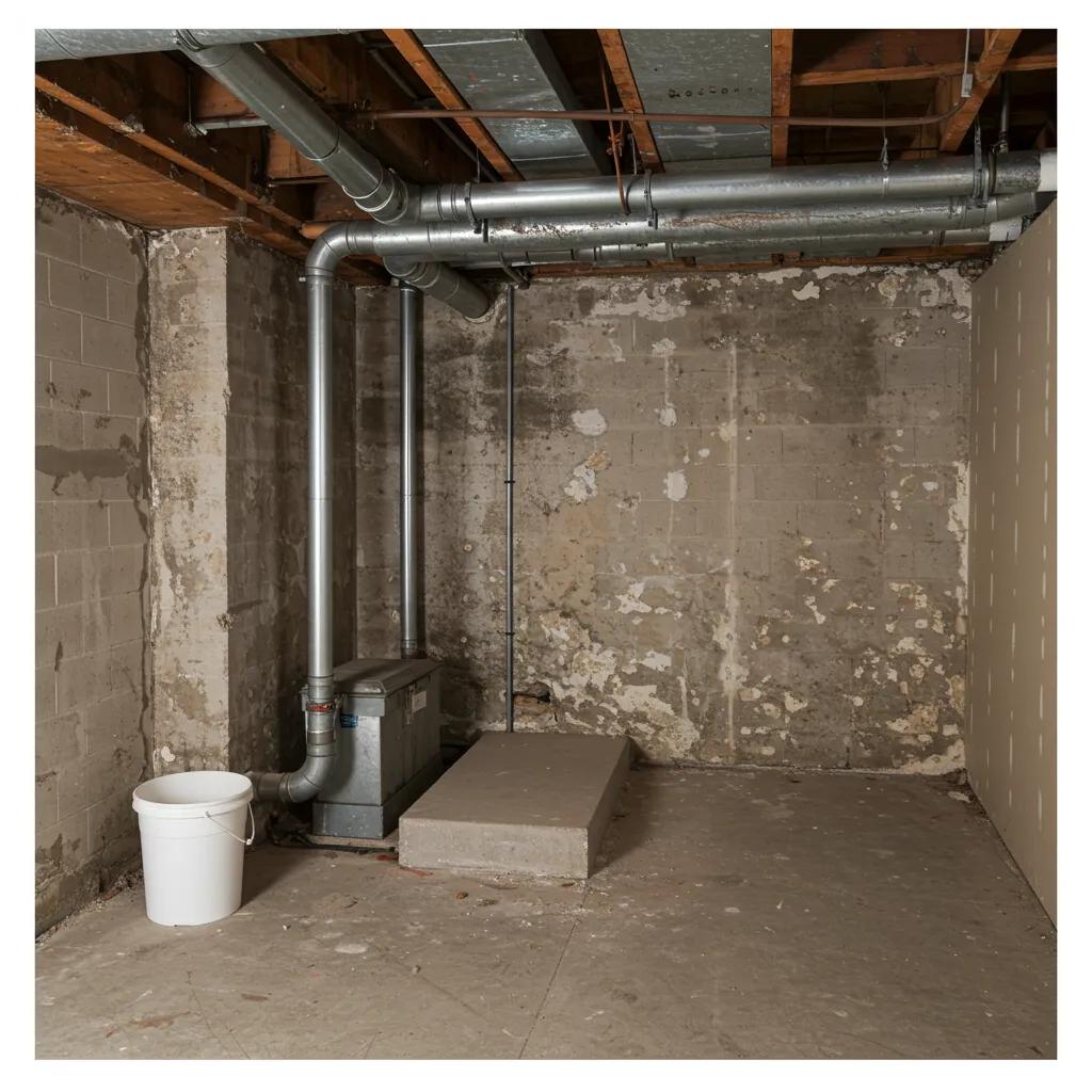Signs of basement water damage: damp spots, staining, and mold growth